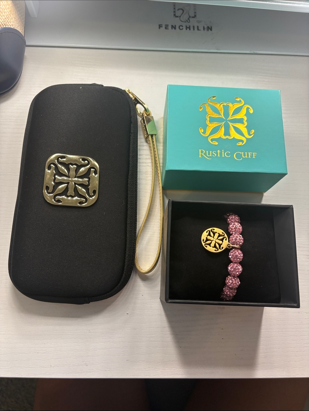 Rustic Cuff 2 pack with Pink Crystal Beaded Bracelet and black wallet/handbag